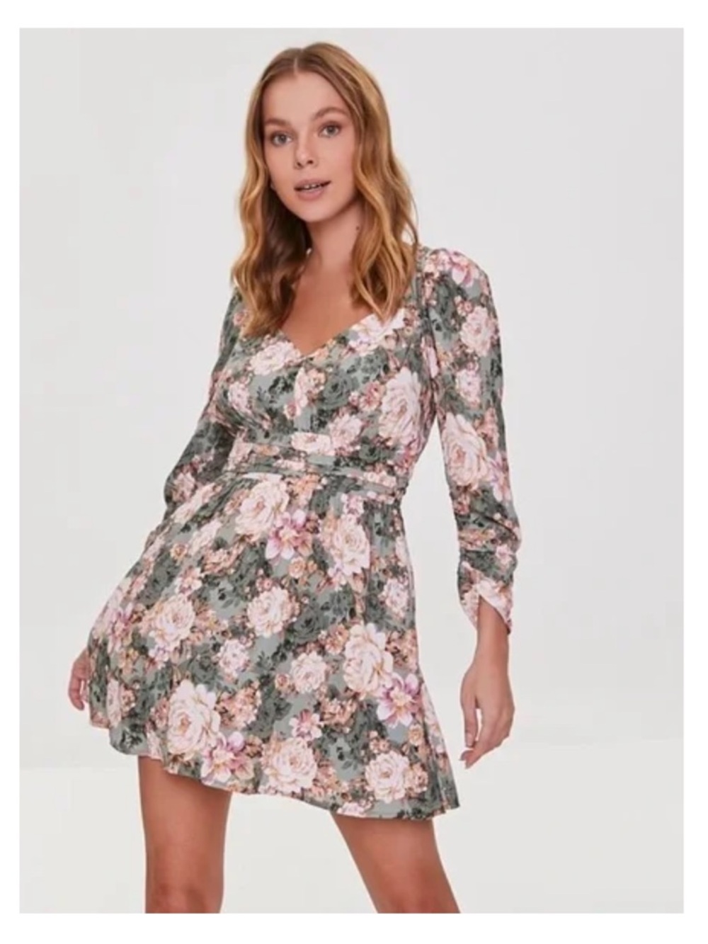 Forever 21 Olive Floral V-Neck Long Sleeve Dress with Pink Roses